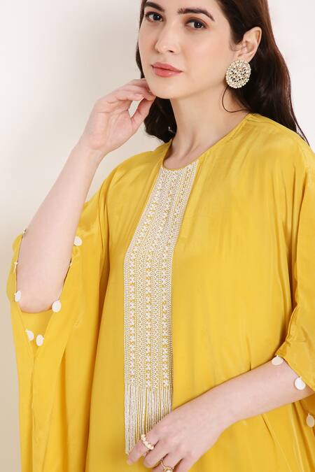 Shop_Bha Sha_Yellow Crepe, Satin Sequins, Beads Aster Placket Embroidered Kaftan And Pant Set _Online_at_Aza_Fashions