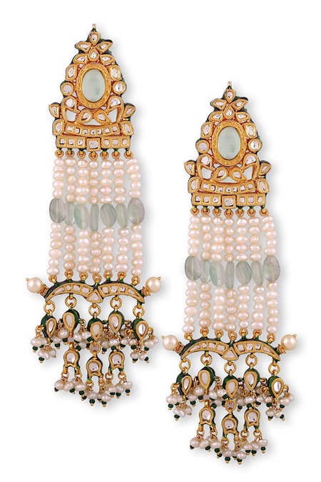 Auraa Trends_Green Stones, Pearls Kundan Embellished Dangler Earrings _Online_at_Aza_Fashions