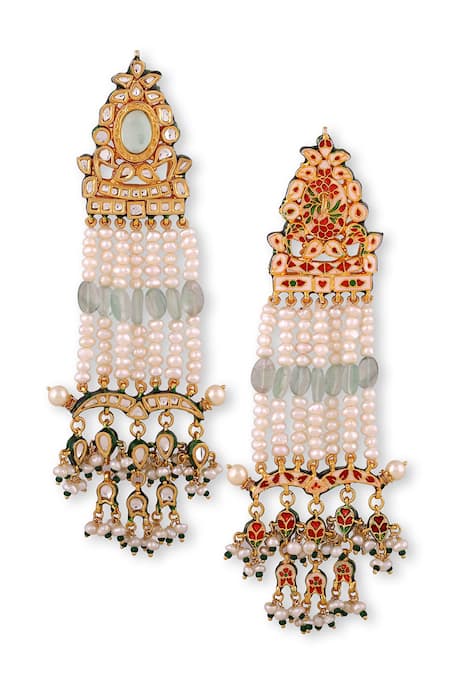 Buy_Auraa Trends_Green Stones, Pearls Kundan Embellished Dangler Earrings _Online_at_Aza_Fashions