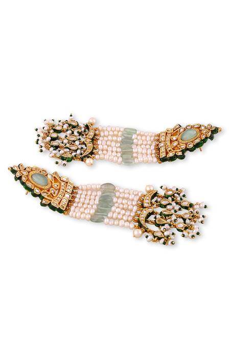 Shop_Auraa Trends_Green Stones, Pearls Kundan Embellished Dangler Earrings _Online_at_Aza_Fashions