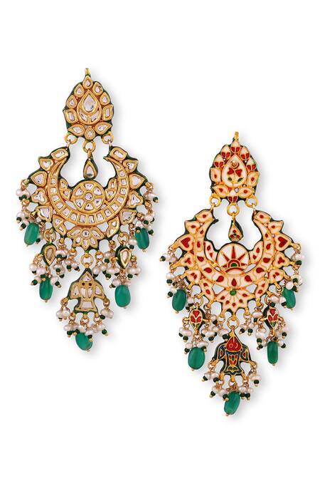 Shop_Auraa Trends_Green Beads, Diamonds Kundan Embellished Chandbalis _Online_at_Aza_Fashions