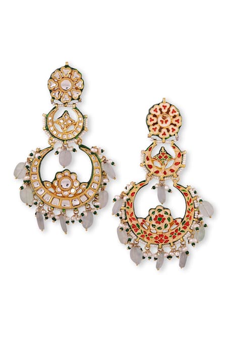 Shop_Auraa Trends_Green Beads, Diamonds Kundan Studded And Drop Chandbalis _Online_at_Aza_Fashions