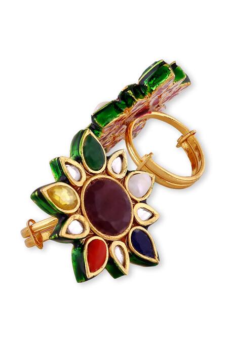 Shop_Auraa Trends_Multi Color Diamonds, Stones Floral Shape Embellished Ring - Single Pc _Online_at_Aza_Fashions