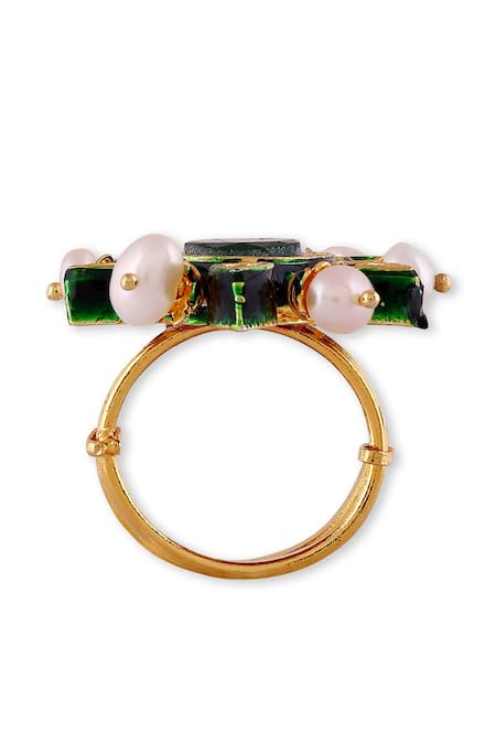 Auraa Trends_Green Diamonds, Pearls Kundan Embellished Ring - Single Pc _Online_at_Aza_Fashions