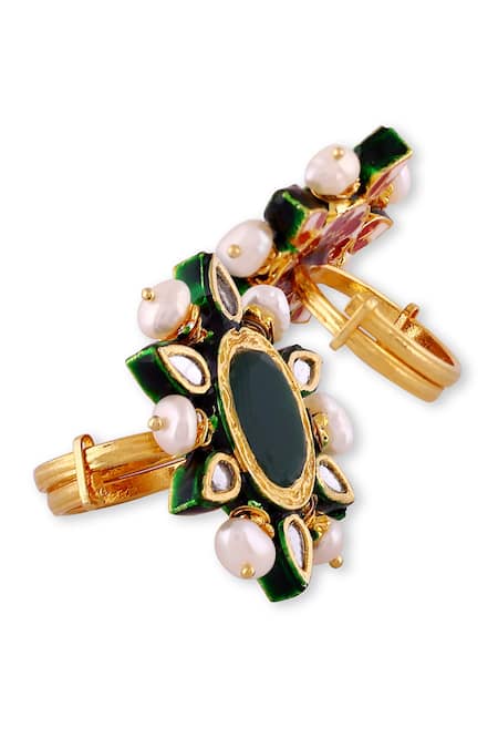 Buy_Auraa Trends_Green Diamonds, Pearls Kundan Embellished Ring - Single Pc _Online_at_Aza_Fashions