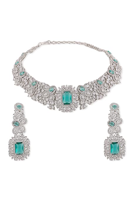 Auraa Trends_Blue Zari, Stones Zircon Studded Choker Set _Online_at_Aza_Fashions