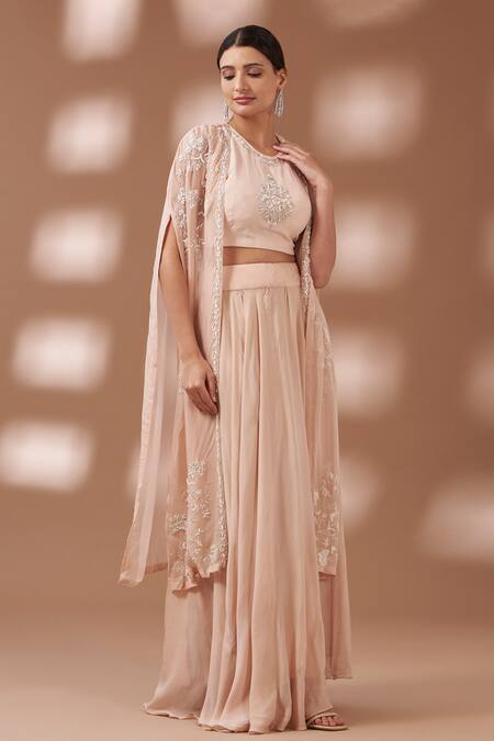 Tuli_Beige Georgette Pearls Embellished Cape Skirt Set_Online_at_Aza_Fashions