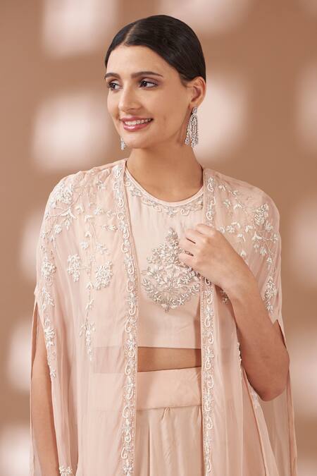 Shop_Tuli_Beige Georgette Pearls Embellished Cape Skirt Set_Online_at_Aza_Fashions