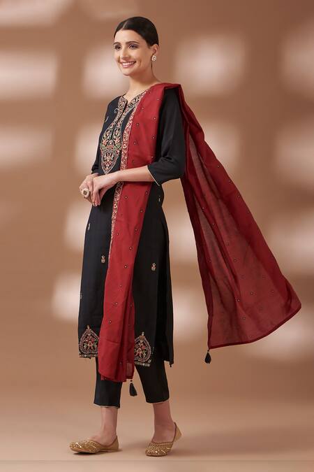 Tuli_Black Viscose, Cotton, Silk Embroidery Split Placement Kairi Kurta Pant Set_Online_at_Aza_Fashions