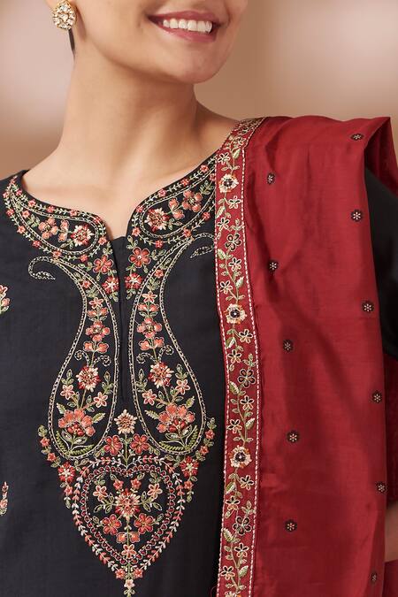 Shop_Tuli_Black Viscose, Cotton, Silk Embroidery Split Placement Kairi Kurta Pant Set_Online_at_Aza_Fashions