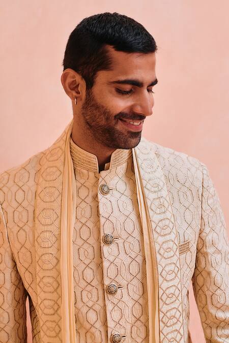 Philocaly_Beige Silk Embroidery Helix Sherwani Set _Online_at_Aza_Fashions