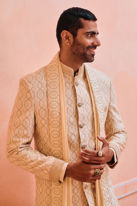 Buy_Philocaly_Beige Silk Embroidery Helix Sherwani Set _Online_at_Aza_Fashions