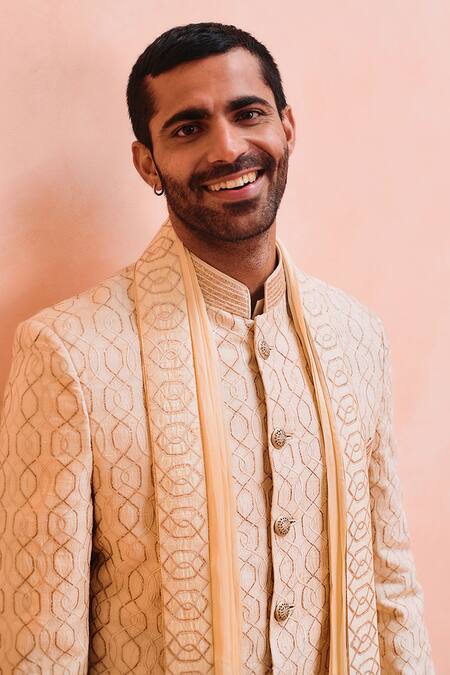 Shop_Philocaly_Beige Silk Embroidery Helix Sherwani Set _Online_at_Aza_Fashions