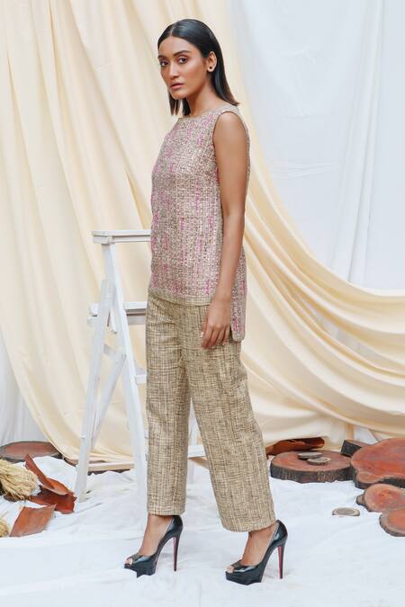 Buy_Couché By Anandini_Beige Tweed Sequin And Beads Boat Sleeveless Top & Trouser Set _Online_at_Aza_Fashions