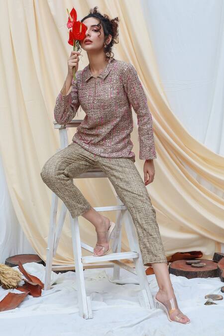 Couché By Anandini_Beige Tweed Sequin And Beads Spread Collar Top & Trouser Set _Online_at_Aza_Fashions