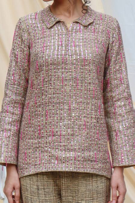 Buy_Couché By Anandini_Beige Tweed Sequin And Beads Spread Collar Top & Trouser Set _Online_at_Aza_Fashions