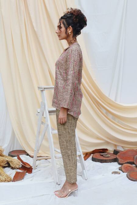 Shop_Couché By Anandini_Beige Tweed Sequin And Beads Spread Collar Top & Trouser Set _Online_at_Aza_Fashions