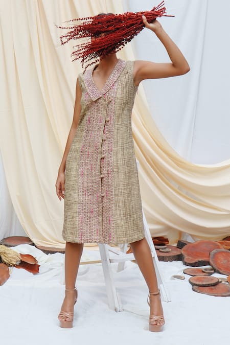 Buy_Couché By Anandini_Beige Tweed Sequin And Beads Collared Neck Panelled Midi Trench Coat Dress _Online_at_Aza_Fashions