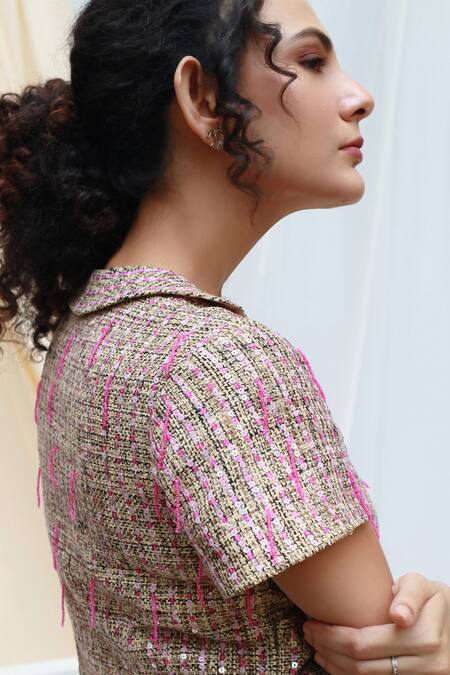 Buy_Couché By Anandini_Beige Tweed Sequin And Beads Spread Collar Top & Skirt Set _Online_at_Aza_Fashions