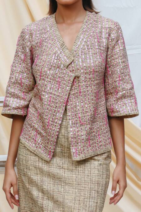 Couché By Anandini_Beige Tweed Sequin And Beads V Neck Wrap Top & Skirt Set _Online_at_Aza_Fashions