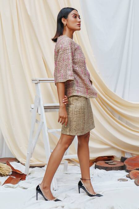 Shop_Couché By Anandini_Beige Tweed Sequin And Beads V Neck Wrap Top & Skirt Set _Online_at_Aza_Fashions