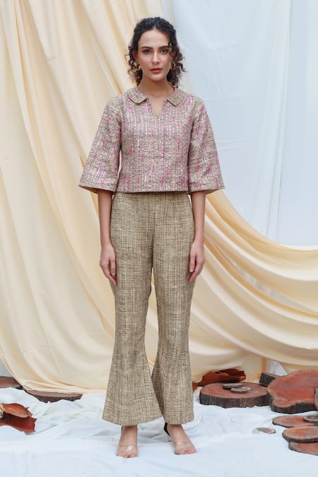 Couché By Anandini_Beige Tweed Sequin And Beads Spread Collar Crop Top & Pant Set _Online_at_Aza_Fashions