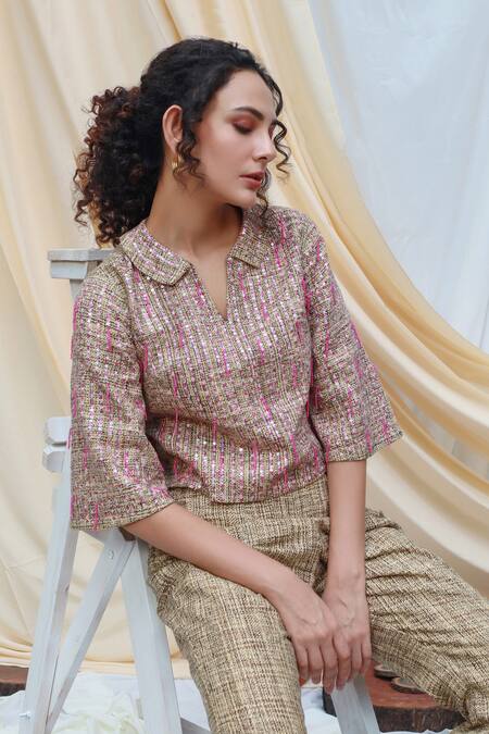 Buy_Couché By Anandini_Beige Tweed Sequin And Beads Spread Collar Crop Top & Pant Set _Online_at_Aza_Fashions