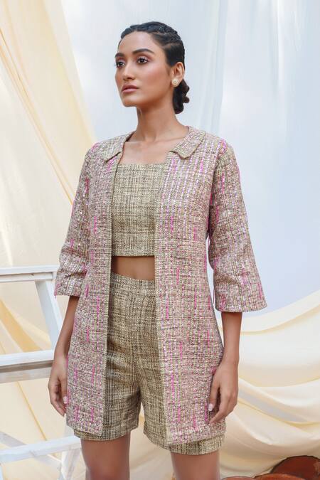 Couché By Anandini_Beige Tweed Sequin And Beads Spread Collar Kimono Sleeves Jacket & Shorts Set _Online_at_Aza_Fashions