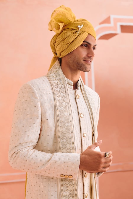 Philocaly_White Silk Embroidery Vine Sherwani Set _Online_at_Aza_Fashions
