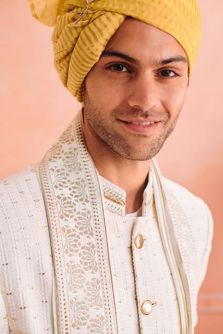 Buy_Philocaly_White Silk Embroidery Vine Sherwani Set _Online_at_Aza_Fashions