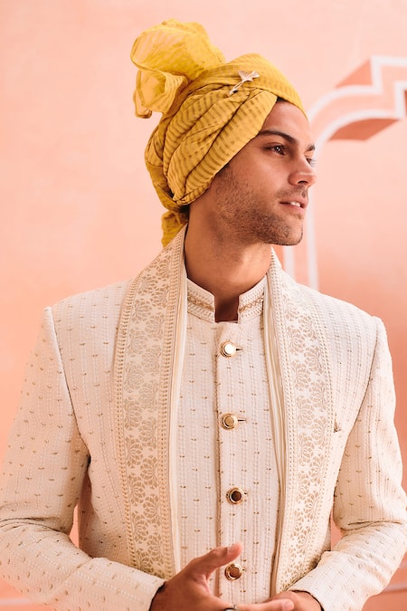 Shop_Philocaly_White Silk Embroidery Vine Sherwani Set _Online_at_Aza_Fashions