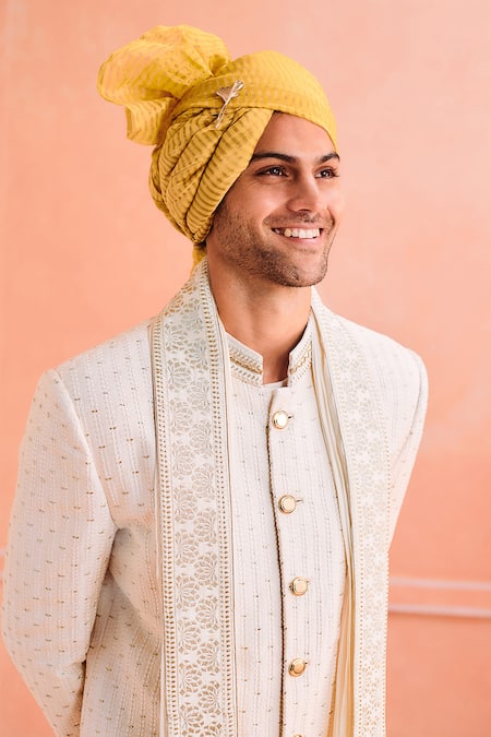 Philocaly_White Silk Embroidery Vine Sherwani Set _at_Aza_Fashions