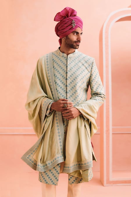 Buy Philocaly Green Silk Embroidery Pallav Hand Sherwani Set Online at Aza Fashions Buy_Philocaly_Green Silk Embroidery Pallav Hand Sherwani Set _Online_at_Aza_Fashions
