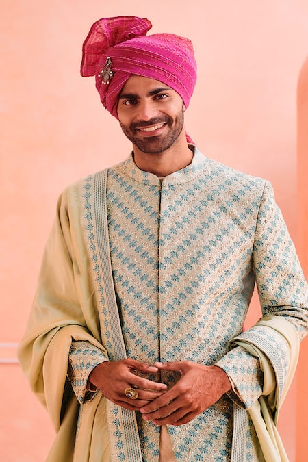 Shop Philocaly Green Silk Embroidery Pallav Hand Sherwani Set Online at Aza Fashions Shop_Philocaly_Green Silk Embroidery Pallav Hand Sherwani Set _Online_at_Aza_Fashions