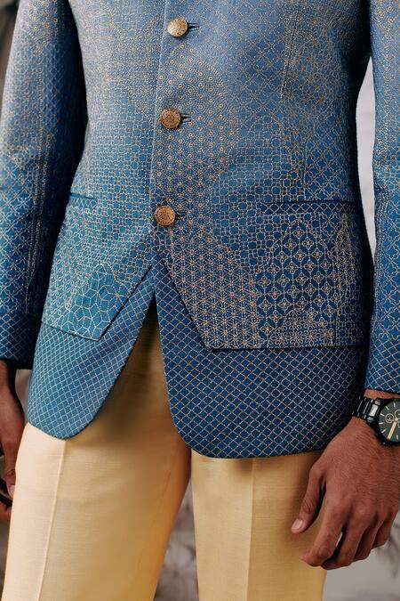 Philocaly_Blue Cotton, Silk Zari Jal-mahal Embroidered Bandhgala _Online_at_Aza_Fashions