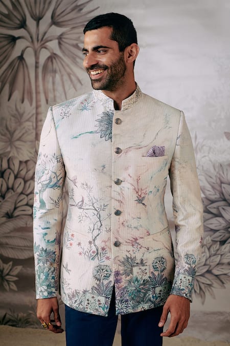 Philocaly_Multi Color Silk Zari Kaanan Hand Painted Bandhgala _Online_at_Aza_Fashions