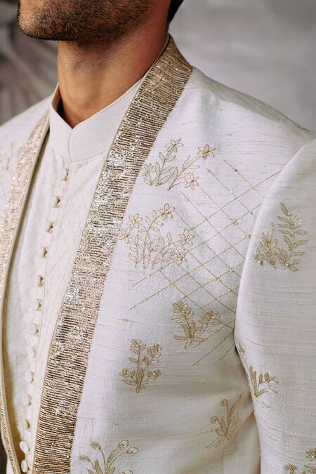 Philocaly White Cotton, Silk Embroidery Chiraiya Bandhgala Online at Aza Fashions Philocaly_White Cotton, Silk Embroidery Chiraiya Bandhgala _Online_at_Aza_Fashions