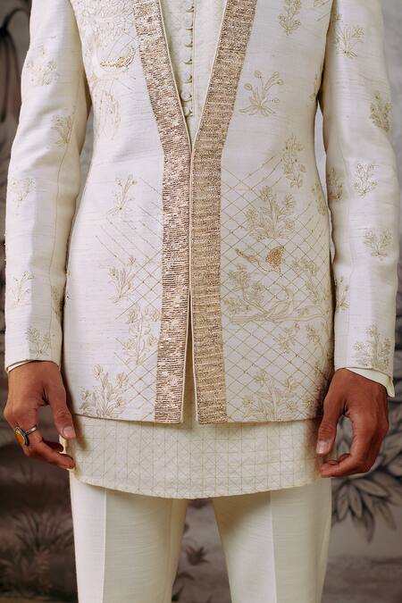 Buy Philocaly White Cotton, Silk Embroidery Chiraiya Bandhgala Online at Aza Fashions Buy_Philocaly_White Cotton, Silk Embroidery Chiraiya Bandhgala _Online_at_Aza_Fashions