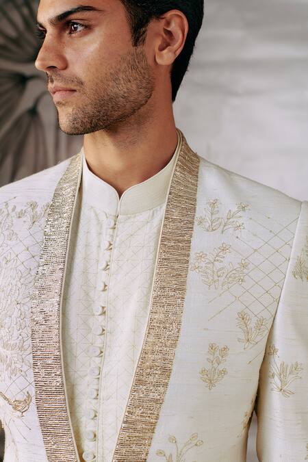 Shop Philocaly White Cotton, Silk Embroidery Chiraiya Bandhgala Online at Aza Fashions Shop_Philocaly_White Cotton, Silk Embroidery Chiraiya Bandhgala _Online_at_Aza_Fashions