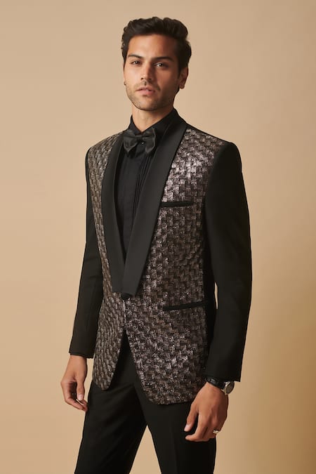 Philocaly_Black Wool Embroidery Tartarus Pure Tuxedo _Online_at_Aza_Fashions