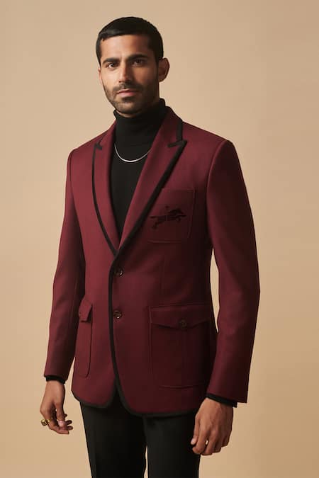 Philocaly_Wine Wool Embroidery Patch Pocket Blazer _Online_at_Aza_Fashions