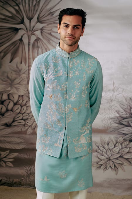 Philocaly Blue Silk Embroidery Bundi With Forest Motifs Online at Aza Fashions Philocaly_Blue Silk Embroidery Bundi With Forest Motifs _Online_at_Aza_Fashions