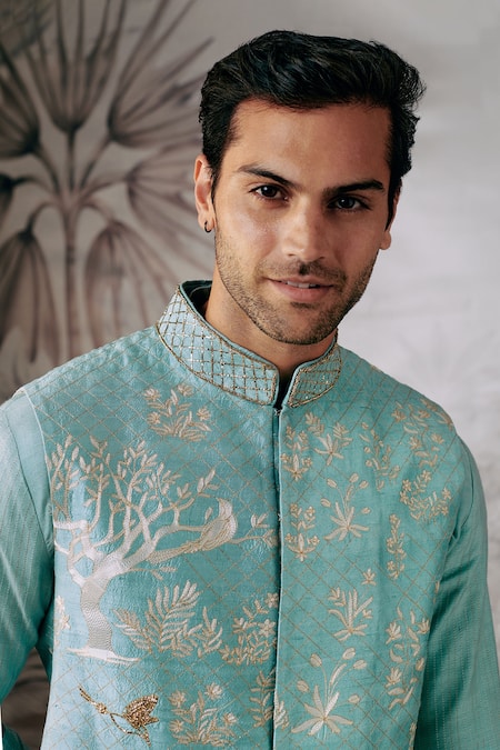 Buy Philocaly Blue Silk Embroidery Bundi With Forest Motifs Online at Aza Fashions Buy_Philocaly_Blue Silk Embroidery Bundi With Forest Motifs _Online_at_Aza_Fashions