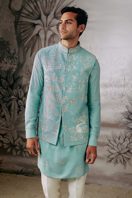 Shop Philocaly Blue Silk Embroidery Bundi With Forest Motifs Online at Aza Fashions Shop_Philocaly_Blue Silk Embroidery Bundi With Forest Motifs _Online_at_Aza_Fashions