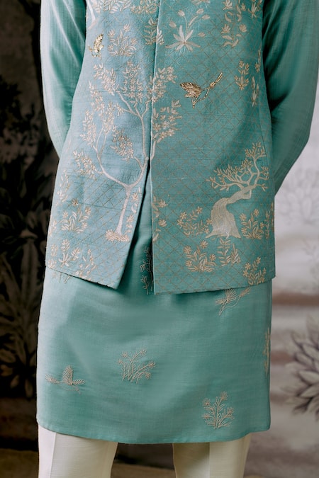 Philocaly Blue Silk Embroidery Bundi With Forest Motifs at Aza Fashions Philocaly_Blue Silk Embroidery Bundi With Forest Motifs _at_Aza_Fashions