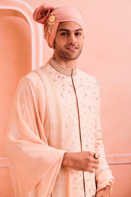Shop Philocaly Yellow Silk Embroidery Scotch Ivy Floral Zari Sherwani Set Online at Aza Fashions Shop_Philocaly_Yellow Silk Embroidery Scotch Ivy Floral Zari Sherwani Set _Online_at_Aza_Fashions
