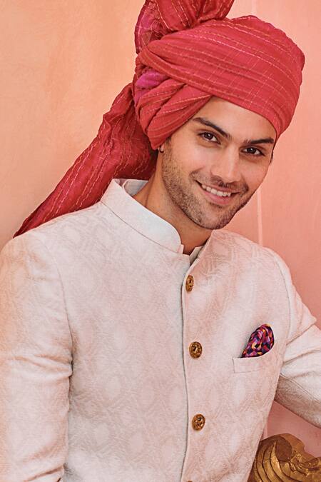 Philocaly_White Silk Embroidery Baandh Diamond Pattern Sherwani Set_Online_at_Aza_Fashions