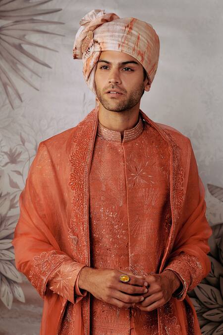 Philocaly_Orange Silk Embroidery Varnan Floral Dori Sherwani Set _Online_at_Aza_Fashions