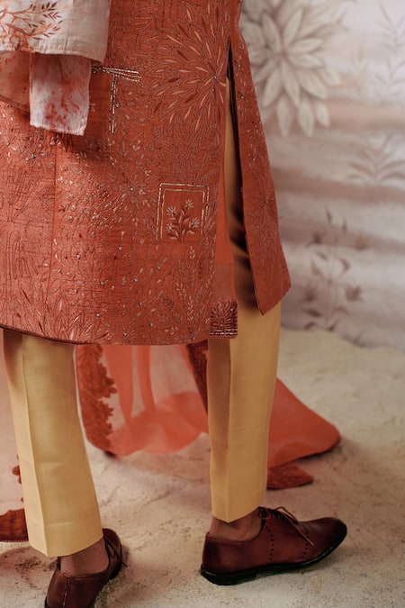 Buy_Philocaly_Orange Silk Embroidery Varnan Floral Dori Sherwani Set _Online_at_Aza_Fashions