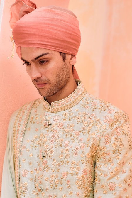 Philocaly Green Silk Embroidery Gulshan Periwinkle Flower Sherwani Set Online at Aza Fashions Philocaly_Green Silk Embroidery Gulshan Periwinkle Flower Sherwani Set _Online_at_Aza_Fashions